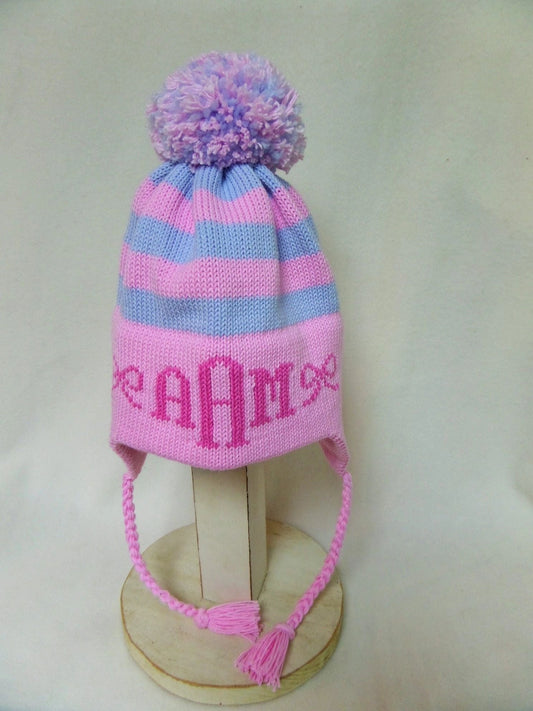 STRIPE EARFLAP WITH MONOGRAM BOWS AND POMPOM