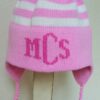 STRIPE EARFLAP WITH MONOGRAM AND POMPOM